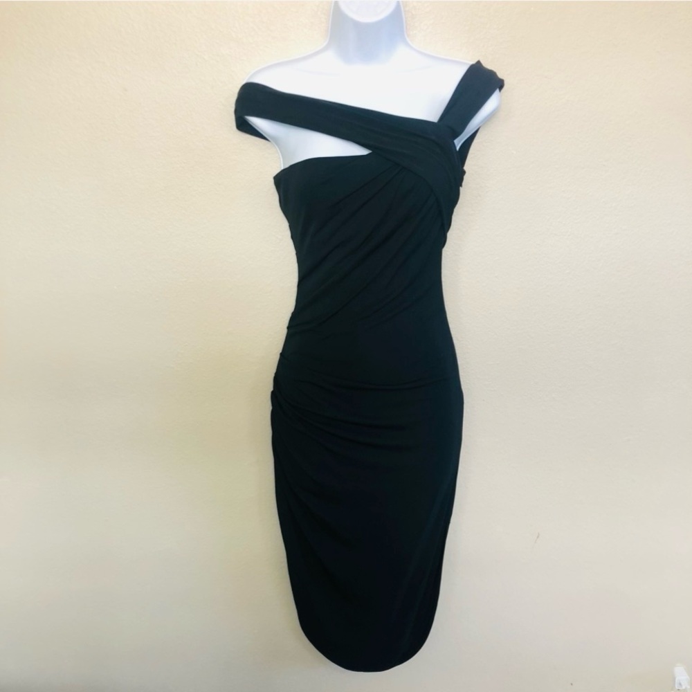 Halston Heritage Black Asymmetrical Crossover Shoulder Draped Fitted Dress Sz Xs